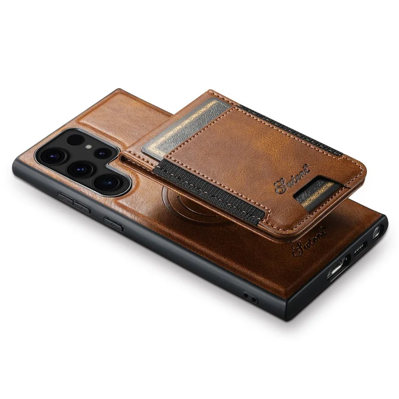 SUTENI H17 For Samsung Galaxy S24 Ultra Magnetic Case Waxy Texture Detachable Card Holder Phone Cover - Brown