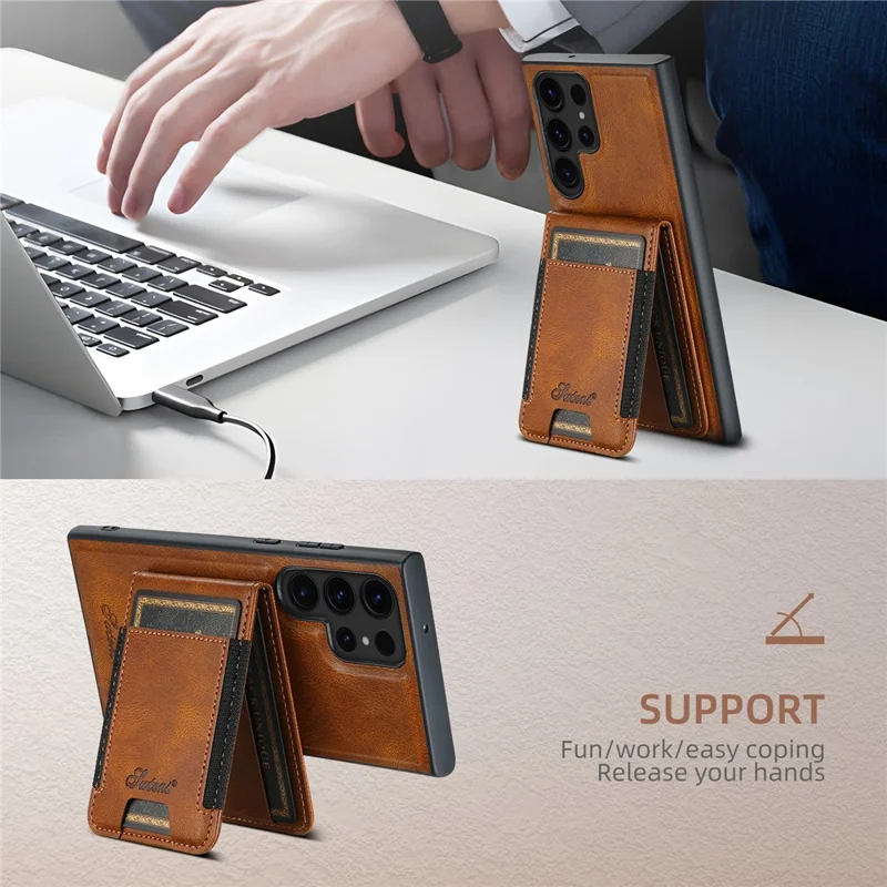 SUTENI H17 For Samsung Galaxy S24 Ultra Magnetic Case Waxy Texture Detachable Card Holder Phone Cover - Brown