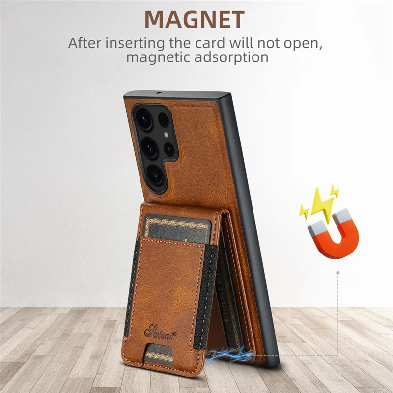 SUTENI H17 For Samsung Galaxy S24 Ultra Magnetic Case Waxy Texture Detachable Card Holder Phone Cover - Brown