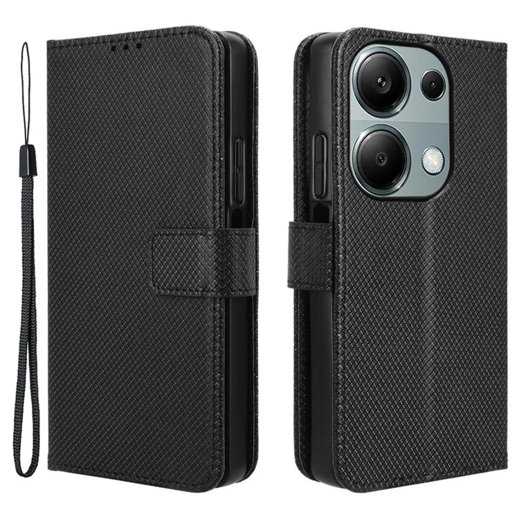 Para Xiaomi Redmi Note 13 Pro 4G / Poco M6 Pro 4G Capa de Couro com Textura de Diamante Flip Protective Phone Cover - Preto