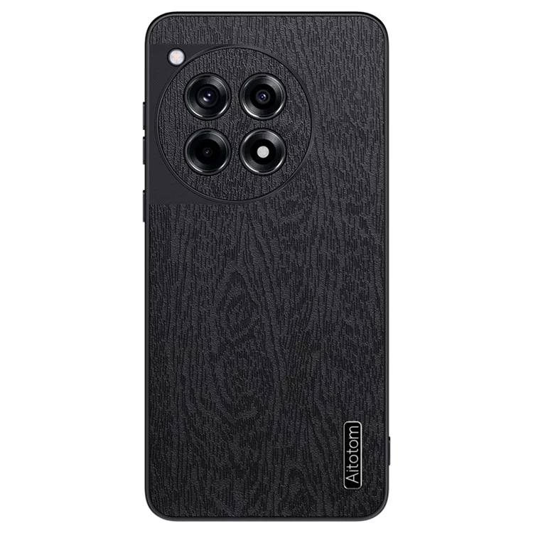 For OnePlus Ace 3 5G  /  12R 5G Case Wood Grain PU+PC+TPU Shockproof Phone Back Cover - Black