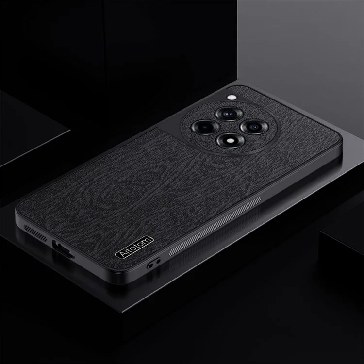 For OnePlus Ace 3 5G  /  12R 5G Case Wood Grain PU+PC+TPU Shockproof Phone Back Cover - Black