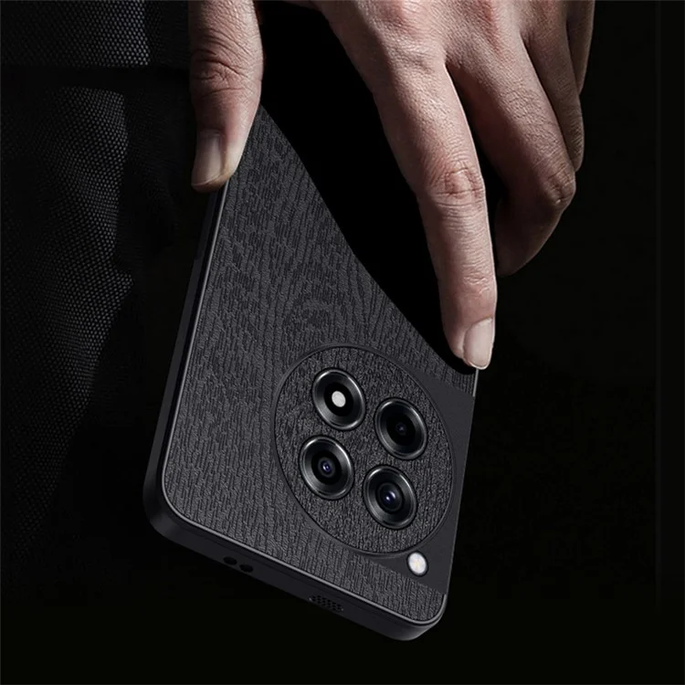 For OnePlus Ace 3 5G  /  12R 5G Case Wood Grain PU+PC+TPU Shockproof Phone Back Cover - Black