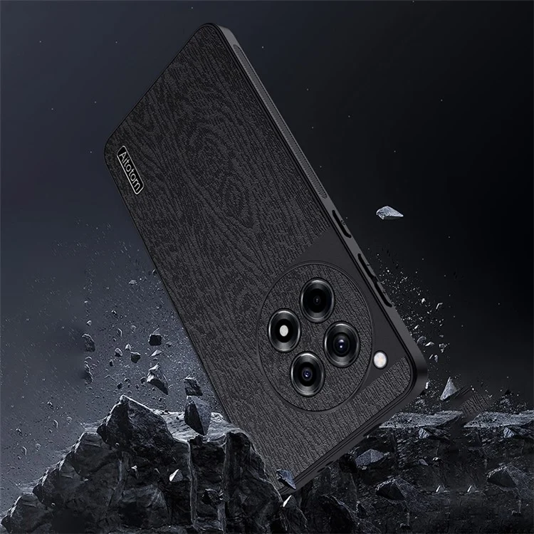 For OnePlus Ace 3 5G  /  12R 5G Case Wood Grain PU+PC+TPU Shockproof Phone Back Cover - Black