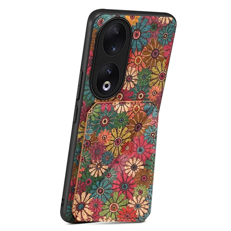 Pour Honor 90 Flower Pattern Leather Case Card Holder Kickstand Shockproof Cover - Printemps / Vert