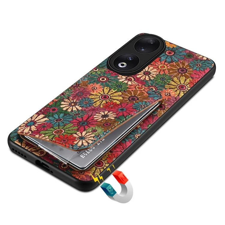 Pour Honor 90 Flower Pattern Leather Case Card Holder Kickstand Shockproof Cover - Printemps / Vert