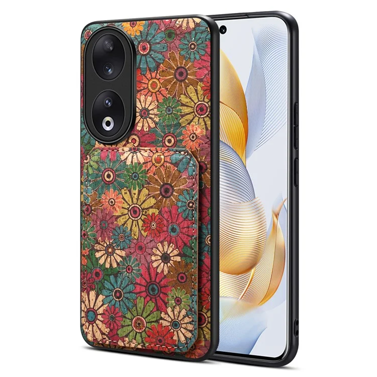 Pour Honor 90 Flower Pattern Leather Case Card Holder Kickstand Shockproof Cover - Printemps / Vert
