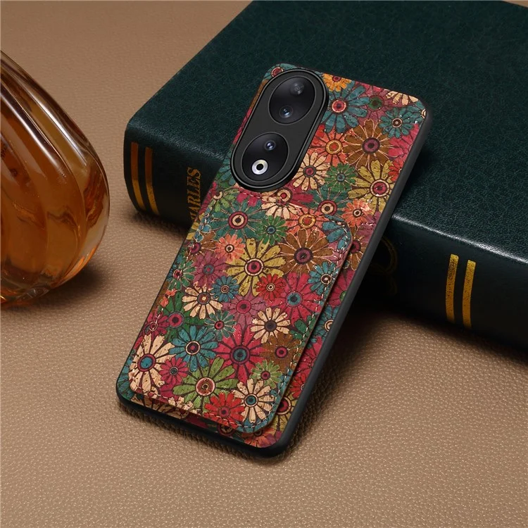 Pour Honor 90 Flower Pattern Leather Case Card Holder Kickstand Shockproof Cover - Printemps / Vert