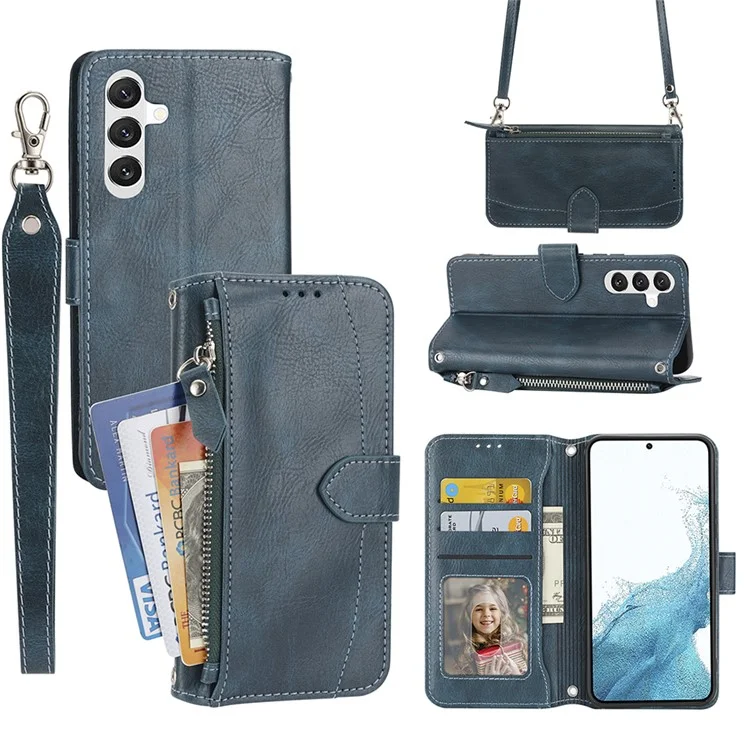 For Samsung Galaxy S24+ Magnetic Case Zipper Pocket Phone Cover with Wrist Strap - Blue