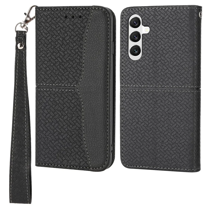 For Samsung Galaxy A15 4G / Galaxy A15 5G Magnetic Phone Case Woven Texture Folio Stand Cover - Black