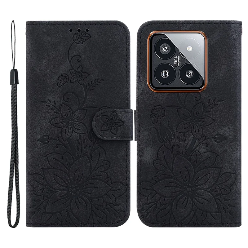 For Xiaomi 14 Pro Wallet Case Flower Imprinted Phone Cover - Black