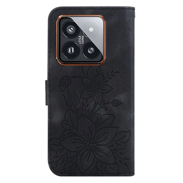 For Xiaomi 14 Pro Wallet Case Flower Imprinted Phone Cover - Black