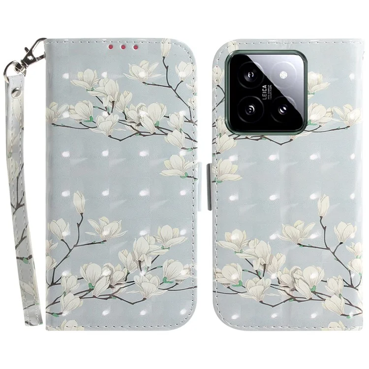 For Xiaomi 14 Case 3D Pattern Leather Anti-scratch Phone Wallet Cover - Magnolia