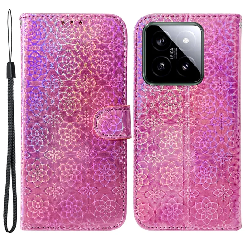 Per Xiaomi 14 Custodia in Pelle Motivo a Fiori Scintillanti Custodia per Telefono con Cinturino - Rosa