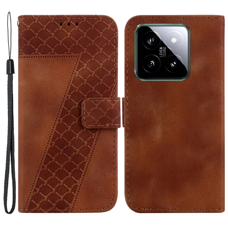 For Xiaomi 14 Cell Phone Case Imprinted 7-Shape Pattern Flip Leather Wallet Cover - Brown