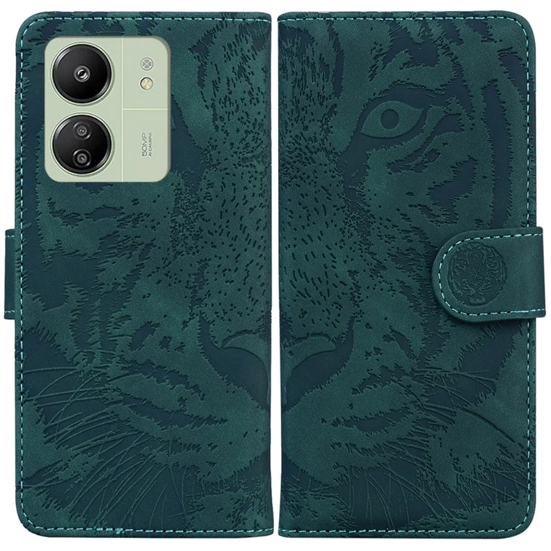 For Xiaomi Redmi 13C 4G / 13C 5G / Poco C65 4G / Poco M6 5G / 13R 5G Case PU Leather Tiger Pattern Phone Cover - Green