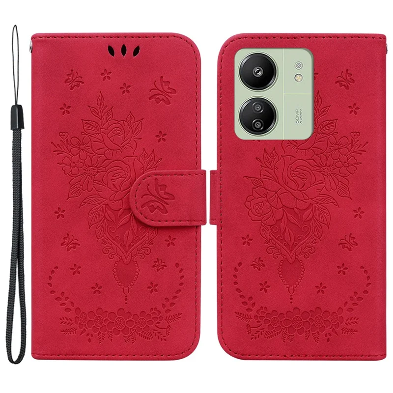 For Xiaomi Redmi 13C 4G / 13C 5G / Poco C65 4G / Poco M6 5G / 13R 5G Case Rose Butterfly Imprinted Protective Cover with Card Slots - Red
