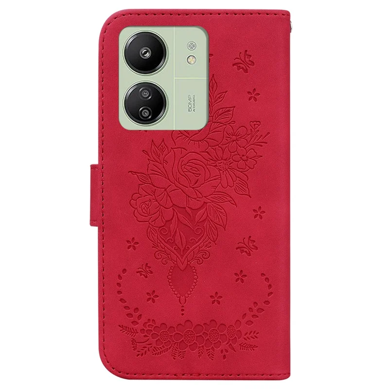 For Xiaomi Redmi 13C 4G / 13C 5G / Poco C65 4G / Poco M6 5G / 13R 5G Case Rose Butterfly Imprinted Protective Cover with Card Slots - Red