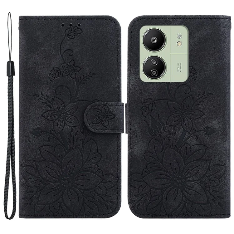 For Xiaomi Redmi 13C 4G / 13C 5G / Poco C65 4G / Poco M6 5G / 13R 5G Case Imprinted Flower Leather Cover with Wallet - Black