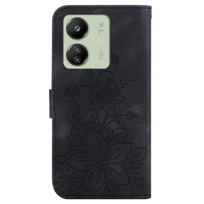 For Xiaomi Redmi 13C 4G / 5G / Poco C65 4G Case Imprinted Flower Leather Cover with Wallet - Black