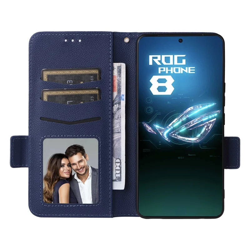 For Asus ROG Phone 8 5G / ROG Phone 8 Pro 5G Case with Wrist Strap Litchi Texture PU Leather Wallet Phone Cover - Dark Blue