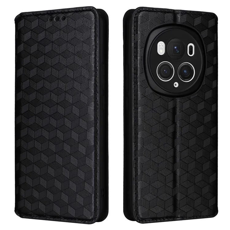 Para Honor Magic6 Pro 5G Case Rhombus Impresión de Cuero Flip Case de Teléfono - Negro