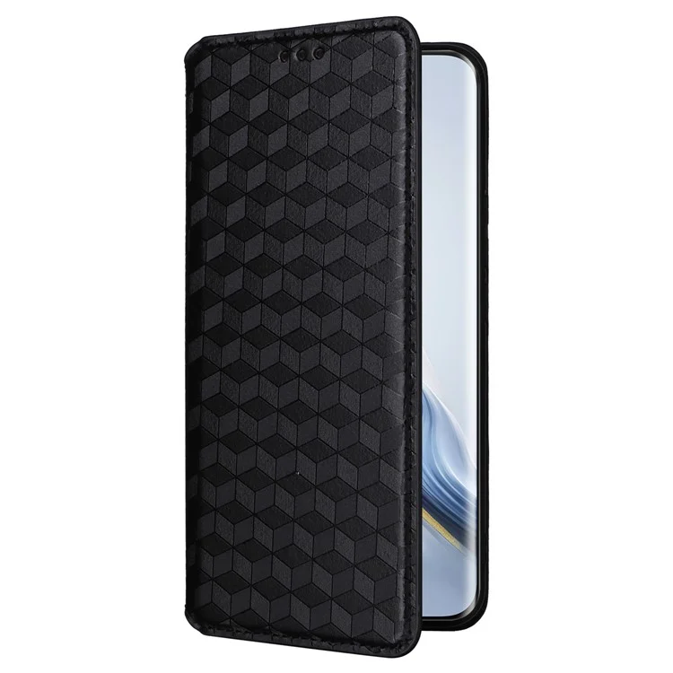 Para Honor Magic6 Pro 5G Case Rhombus Impresión de Cuero Flip Case de Teléfono - Negro