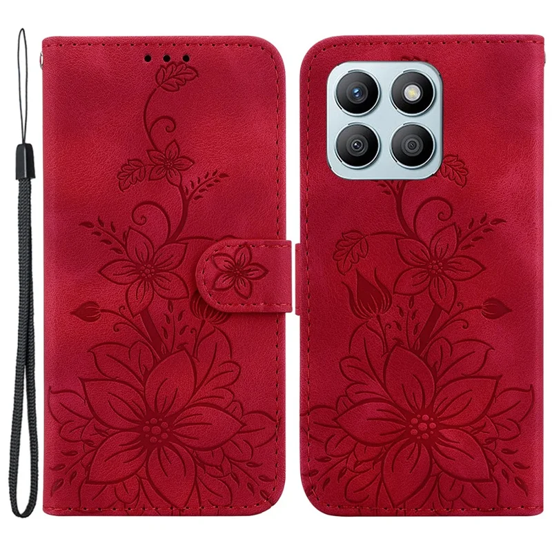 For Honor X8b 4G Case Wallet Imprinted Flower Leather Phone Cover - Red