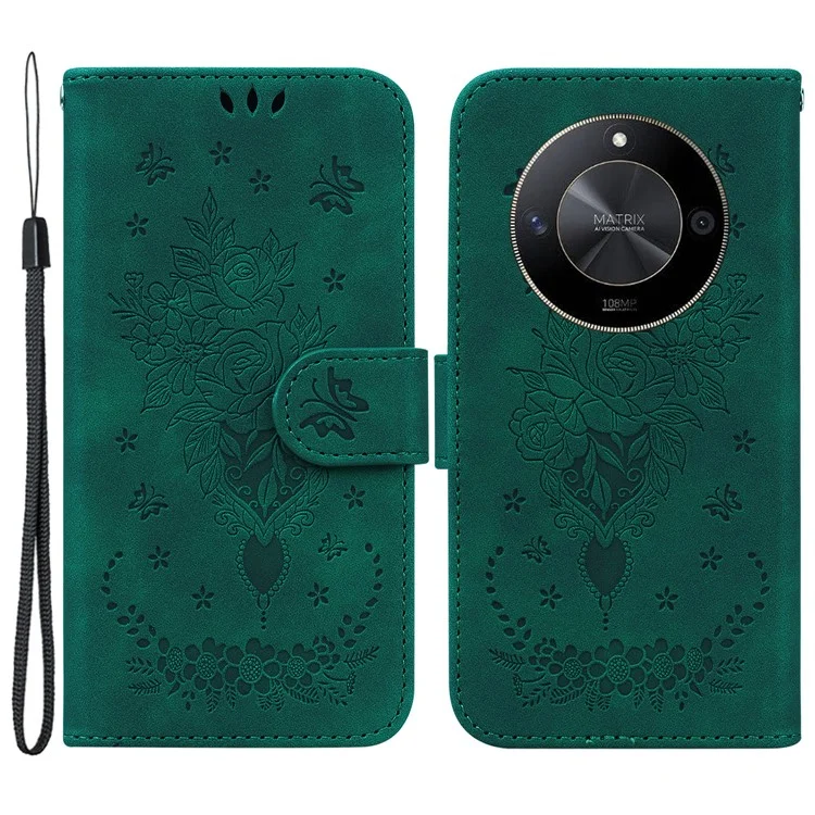 For Honor X9b 5G / Magic6 Lite 5G / X50 5G Case Leather Stand Phone Protector Rose Butterfly Imprinted - Green