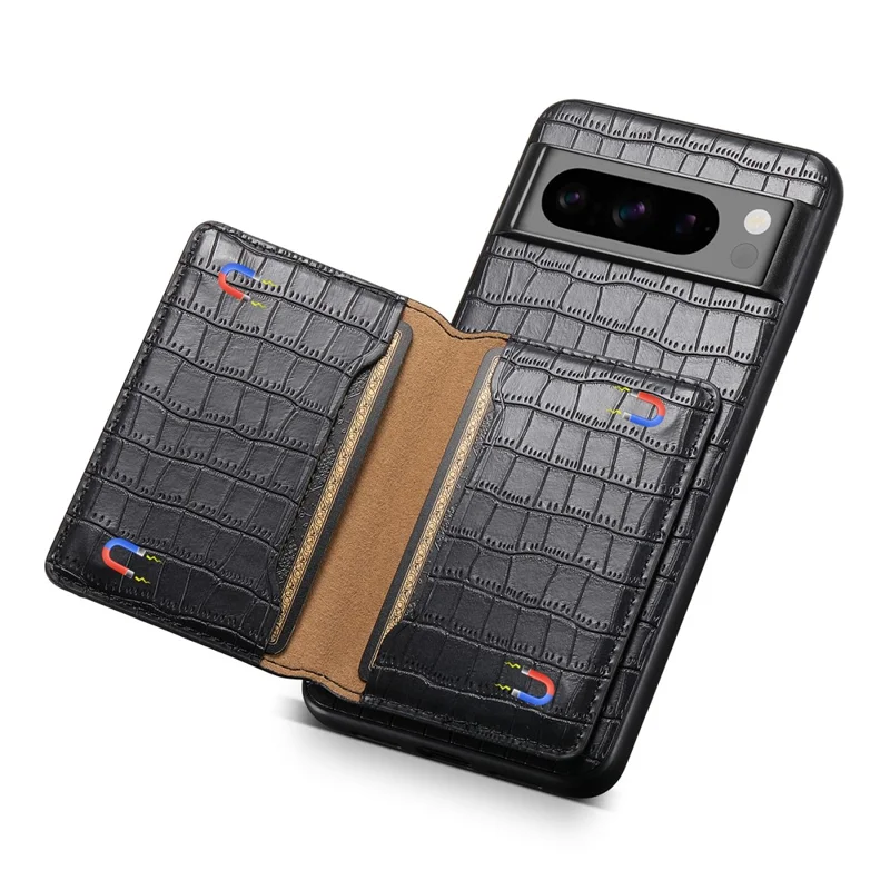 Per Google Pixel 8 Pro Kickstand Case Card Holder Phone Cover Crocodile Texture - Nero