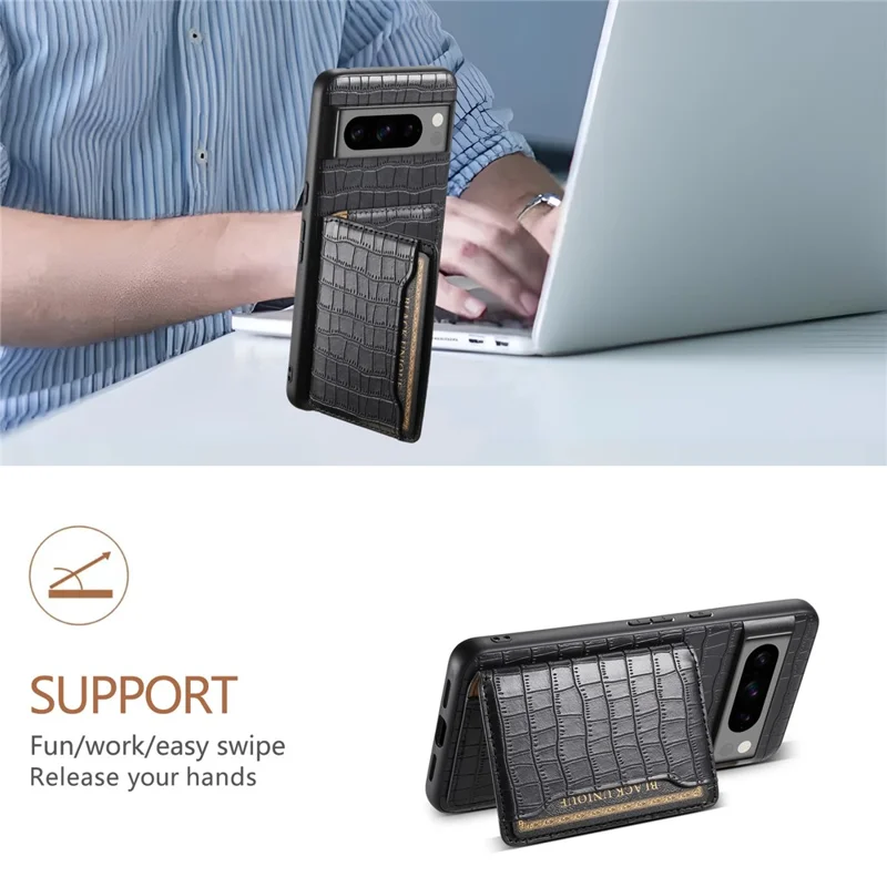 Per Google Pixel 8 Pro Kickstand Case Card Holder Phone Cover Crocodile Texture - Nero