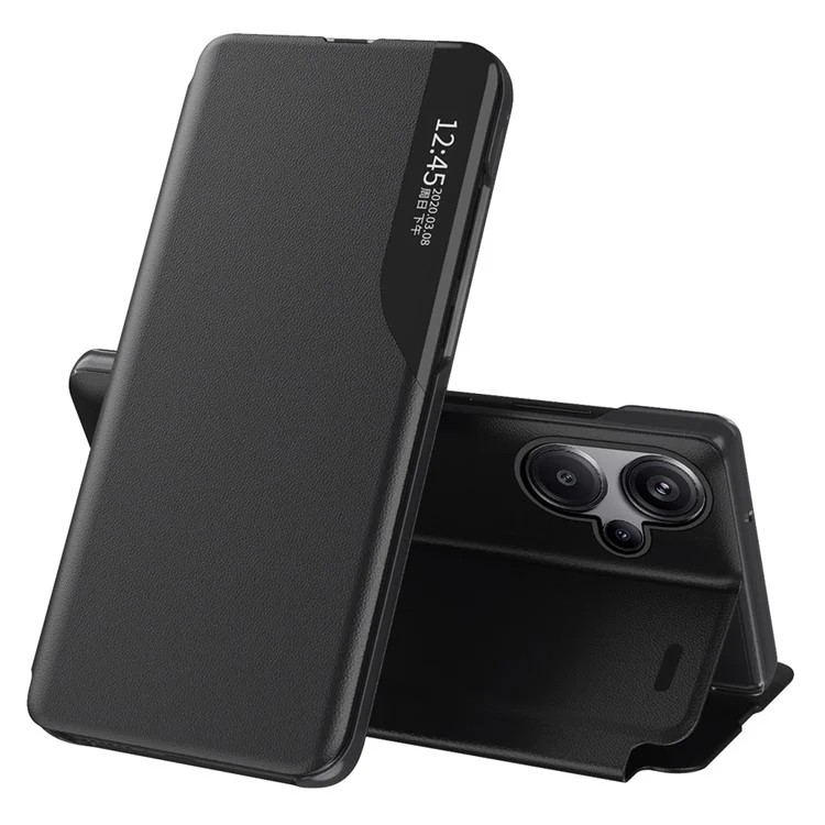 Para Xiaomi Redmi Note 13 Pro+ 5G Case View Window Leather Phone Cover com Suporte Dobrável - Preto