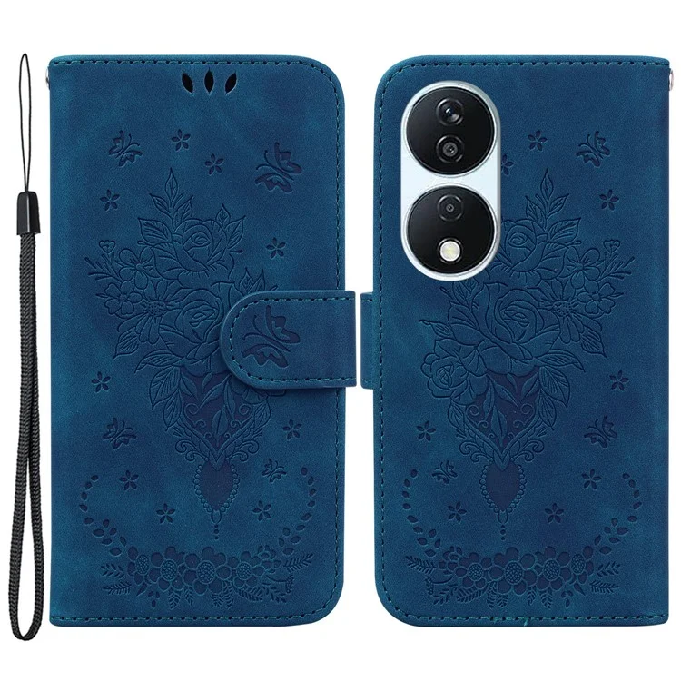 Per Honor X7b 4G / 90 Smart / Play 50 Plus 5G Custodia in Pelle Portafoglio Copertina Rose Butterfly Impresse - Blu