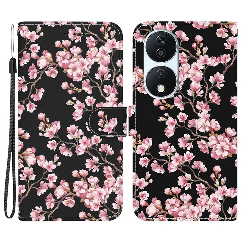 For Honor X7b 4G / 90 Smart / Play 50 Plus 5G Phone Case with Strap PU Leather Cover - Plum Blossom