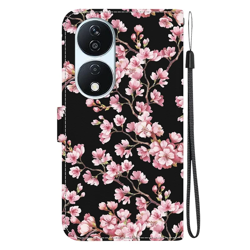 For Honor X7b 4G / 90 Smart / Play 50 Plus 5G Phone Case with Strap PU Leather Cover - Plum Blossom