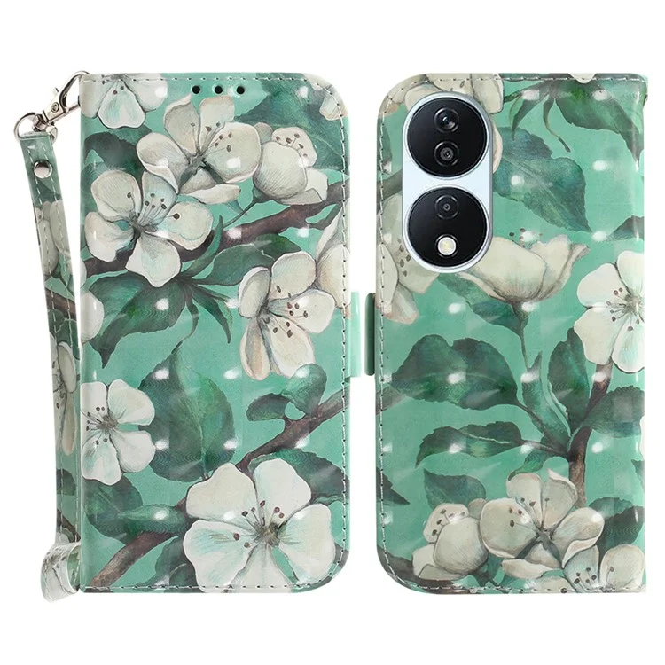 For Honor X7b 4G / 90 Smart / Play 50 Plus 5G Cover 3D Pattern Printing Leather Stand Phone Case with Strap - Watercolor Flowers