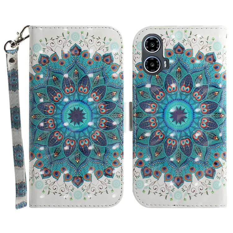 For Motorola Moto E14 4G / G04 4G / G04s 4G / G24 4G Cover Pattern Printing PU Leather Wallet Phone Case with Strap - Peacock Wreath