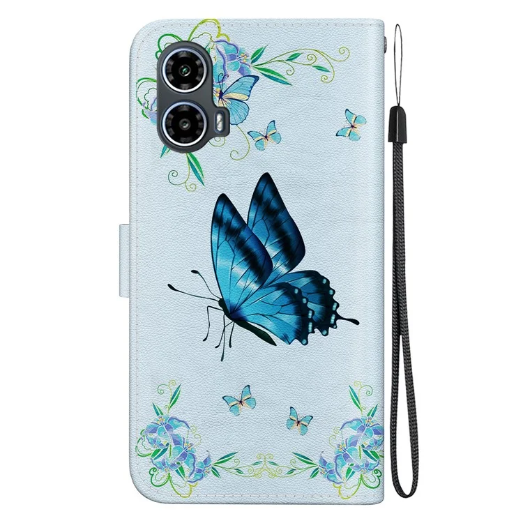 For Motorola Moto E14 4G / G04 4G / G04s 4G / G24 4G Leather Case Pattern Printing Wallet Stand Cover - Blue Butterfly Flower