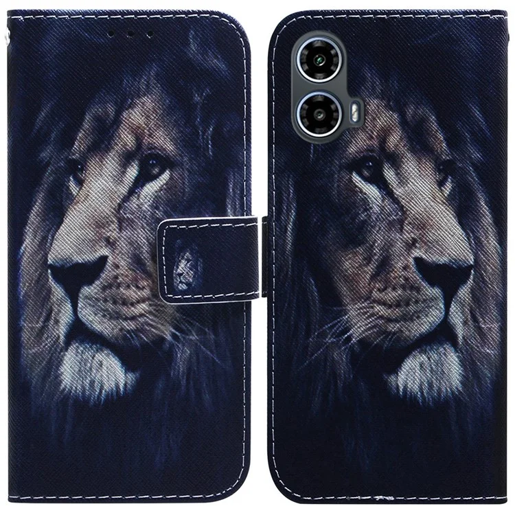 For Motorola Moto G24 4G / G04 4G Phone Case Leather Cover Pattern Printing Phone Stand Shell - Lion