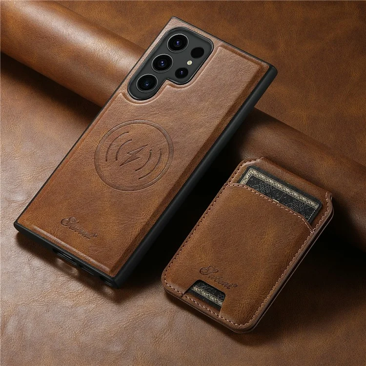 SUTENI H15 For Samsung Galaxy S24 Ultra Magnetic Case Detachable Card Holder Phone Cover - Brown