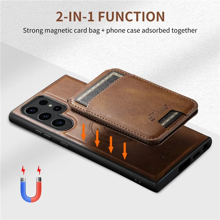 SUTENI H15 For Samsung Galaxy S24 Ultra Magnetic Case Detachable Card Holder Phone Cover - Brown