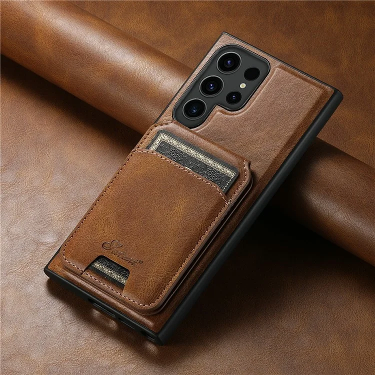 SUTENI H15 For Samsung Galaxy S24 Ultra Magnetic Case Detachable Card Holder Phone Cover - Brown