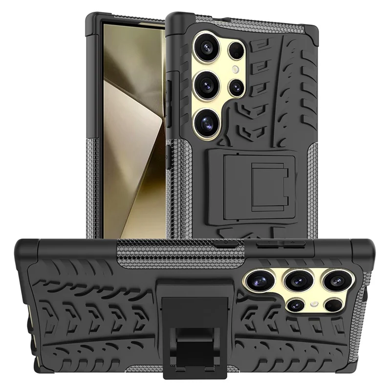 For Samsung Galaxy S24 Ultra Case PC+TPU 2-in-1 Tire Texture Kickstand Phone Cover - Black