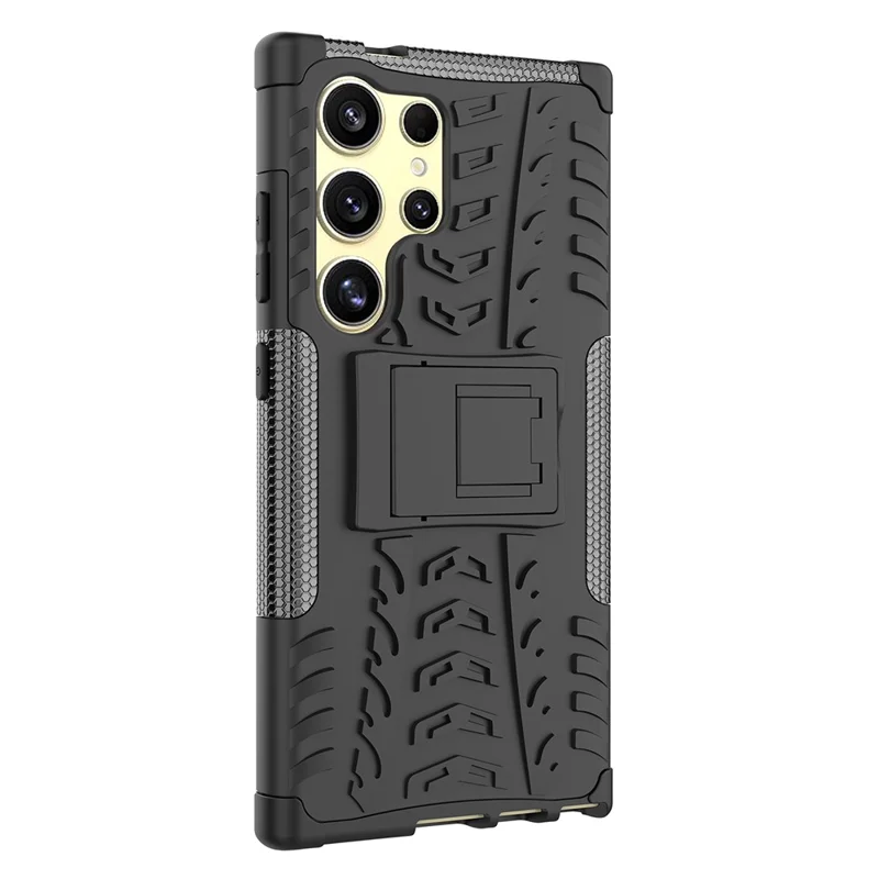 For Samsung Galaxy S24 Ultra Case PC+TPU 2-in-1 Tire Texture Kickstand Phone Cover - Black