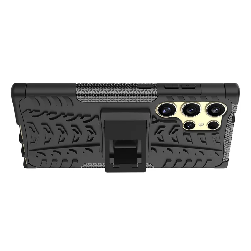 For Samsung Galaxy S24 Ultra Case PC+TPU 2-in-1 Tire Texture Kickstand Phone Cover - Black