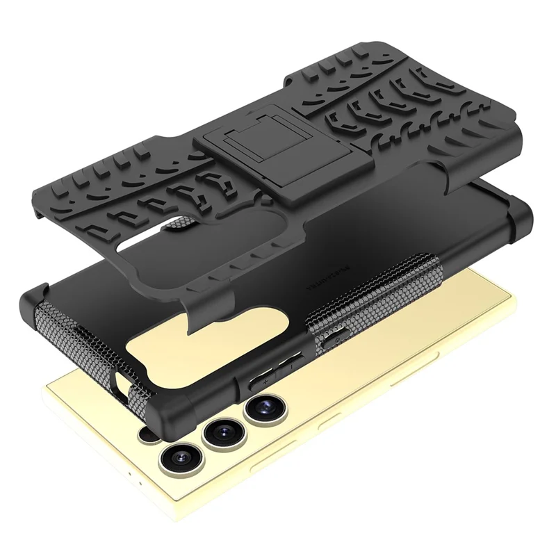 For Samsung Galaxy S24 Ultra Case PC+TPU 2-in-1 Tire Texture Kickstand Phone Cover - Black