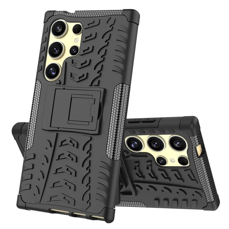 For Samsung Galaxy S24 Ultra Case PC+TPU 2-in-1 Tire Texture Kickstand Phone Cover - Black