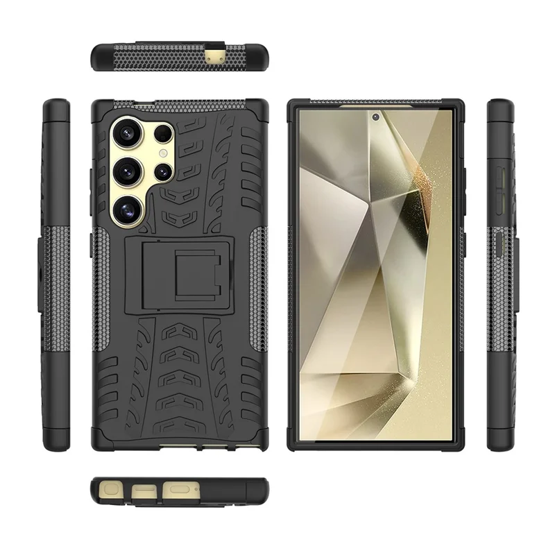 For Samsung Galaxy S24 Ultra Case PC+TPU 2-in-1 Tire Texture Kickstand Phone Cover - Black