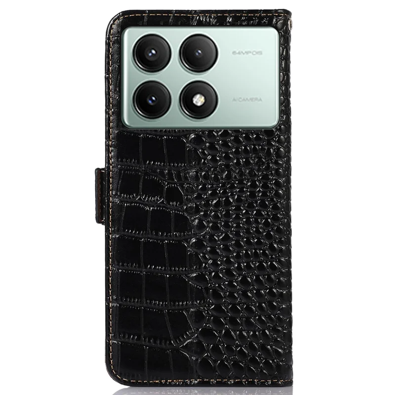 Pour Xiaomi Redmi K70E 5G / Poco X6 Pro 5G Étui RFID Blocking Wallet Genuine Cow Leather Phone Cover - Noir