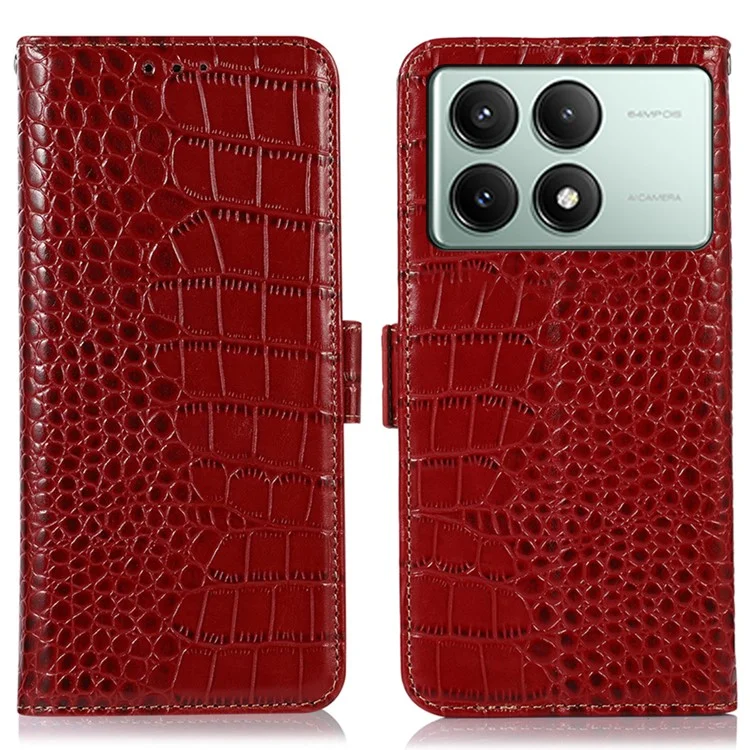 Para Xiaomi Redmi K70E 5G / Poco X6 Pro 5G Capa RFID Blocking Wallet Genuine Cow Leather Phone Cover - Vermelho